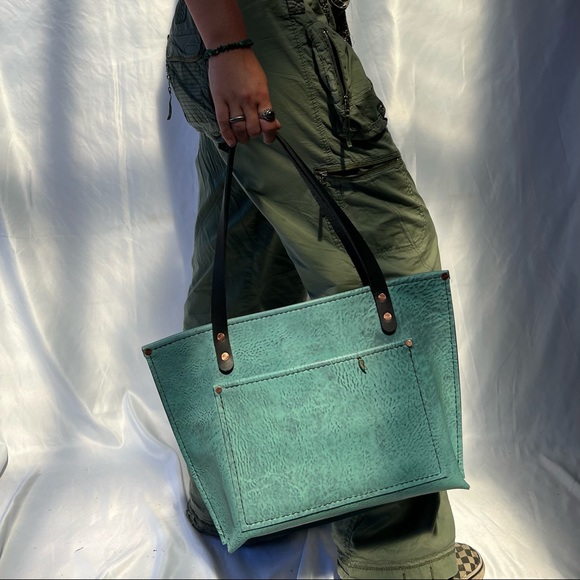 Handmade Turquoise Lether Tote Bag - Picture 7 of 11